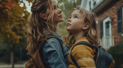 Obraz premium A mother and her daughter standing together, possibly arriving or departing from their home