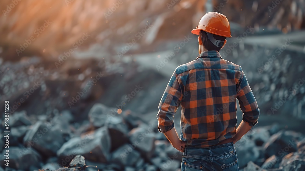 Leinwandbilder Man construction engineer wears helmet ensure safety when working in construction zone standing on pile rocks looking checking for completeness in case there is error so that it can be : Generative AI