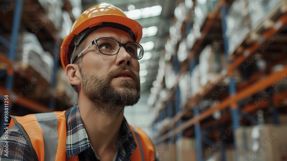 Aufkleber Portrait of engineers workers planning and talking in empty warehouse to design the arrangement of product shelves Team foreman talk details work : Generative AI