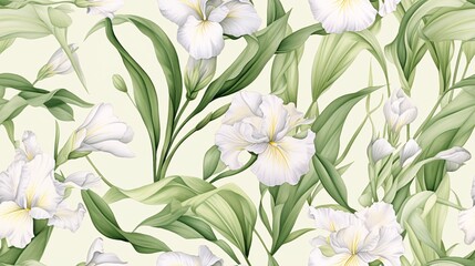 White iris flowers with flowing green leaves, illustrated in a watercolor style to create a seamless vintage-inspired pattern