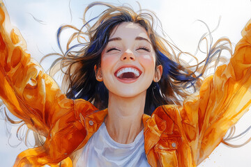 Happy smile laughing cartoon character young adult woman person portrait jumping with hands up in 3d style design on white background. Human people feelings expression concept