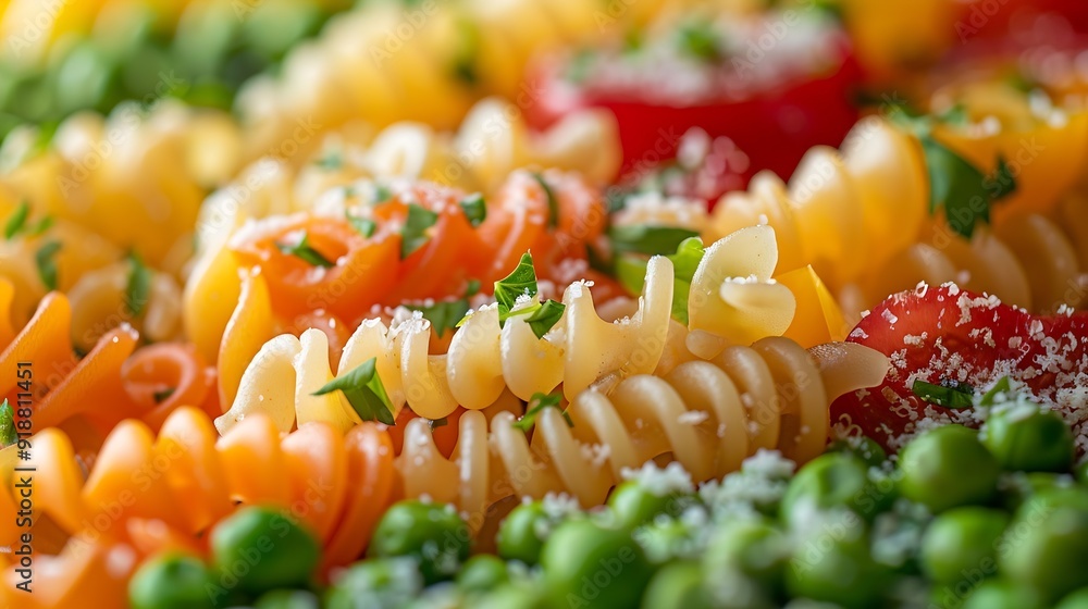 Wall mural Fresh Italian pasta with green peas bell peppers and corn Closeup Italian Cuisine : Generative AI