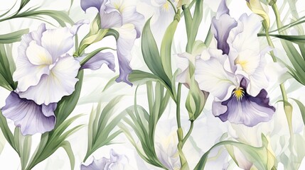 Soft white iris flowers in a continuous pattern with watercolor-painted leaves, capturing a vintage luxury style