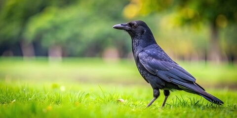 Naklejka premium Telephoto shot of a black crow perched on grass in a park, looking back behind, crow, bird, black, wildlife, nature
