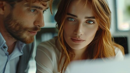 Fototapeta premium Young businesswoman and her male coworker analyzing reports while working in the office Copy space : Generative AI