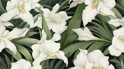 Vintage-inspired seamless pattern of watercolor white iris flowers and verdant leaves, perfect for a luxury design