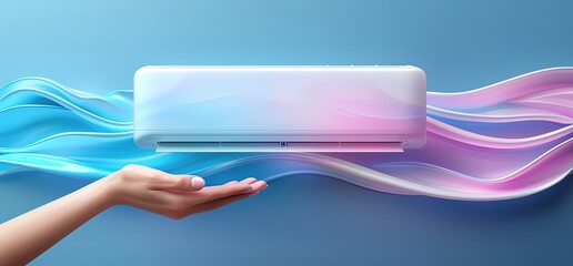 White air conditioner unit on blue background with hand reaching out and abstract waves.
