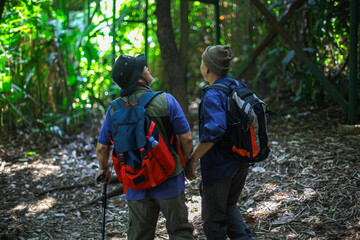 Back View Of Elderly Man Friendship Hiking In The Mountains in Early Summer
