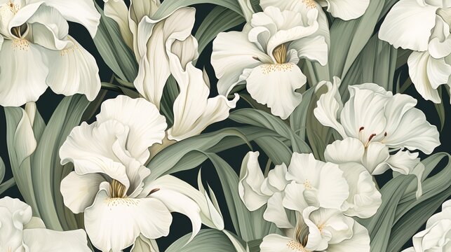 A sophisticated seamless pattern featuring watercolor white iris flowers with detailed leaves, creating a refined vintage look
