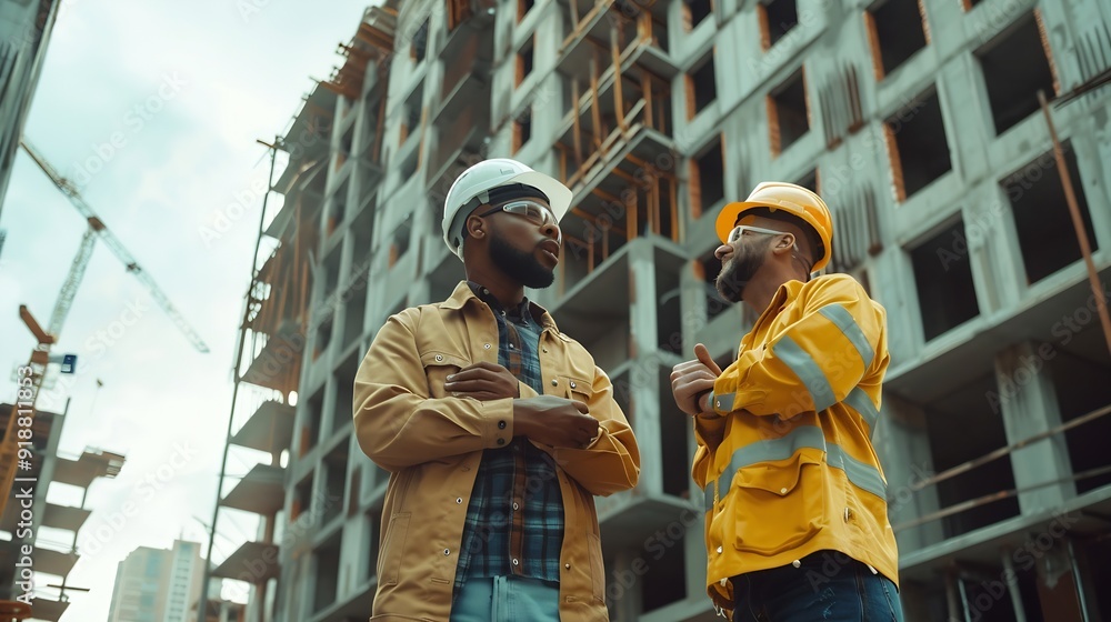 Aufkleber Engineer and foreman worker checking project at precast factory site Engineer and builders in hardhats discussing on construction site : Generative AI