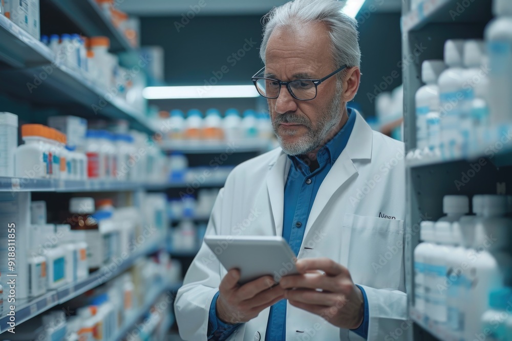 Poster a scientist studying data on a tablet while wearing a lab coat