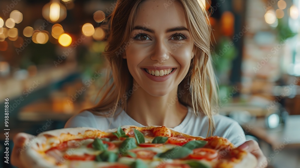 Wall mural happy young adult caucasian woman ready to eat a beautiful and tasty healthy pizza at the restaurant