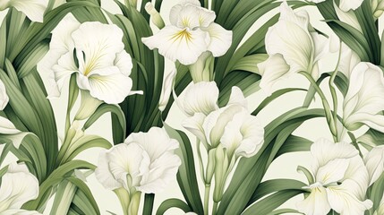 White iris flowers and green leaves illustrated in a watercolor style, forming a continuous vintage luxury pattern