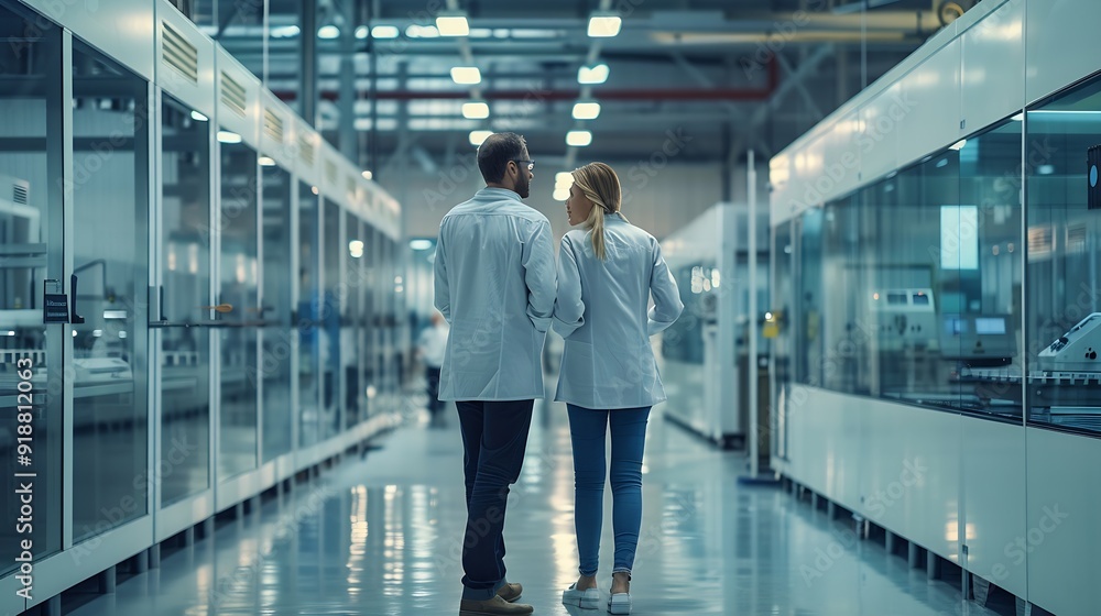 Poster two engineers talking walking across empty factory floor inspecting planning where all the machinery