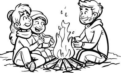 Campfire, family enjoying warmth. White background 