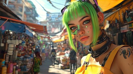 Obraz premium Vibrant Retro-Futuristic Character with Neon Green Hair in Lively Market Scene: Perfect for Sporty Interior Poster or Trendy Artwork Display!