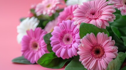 Bright summer background with pink purple and white gerbera flowers and green leaves on pink background web banner : Generative AI