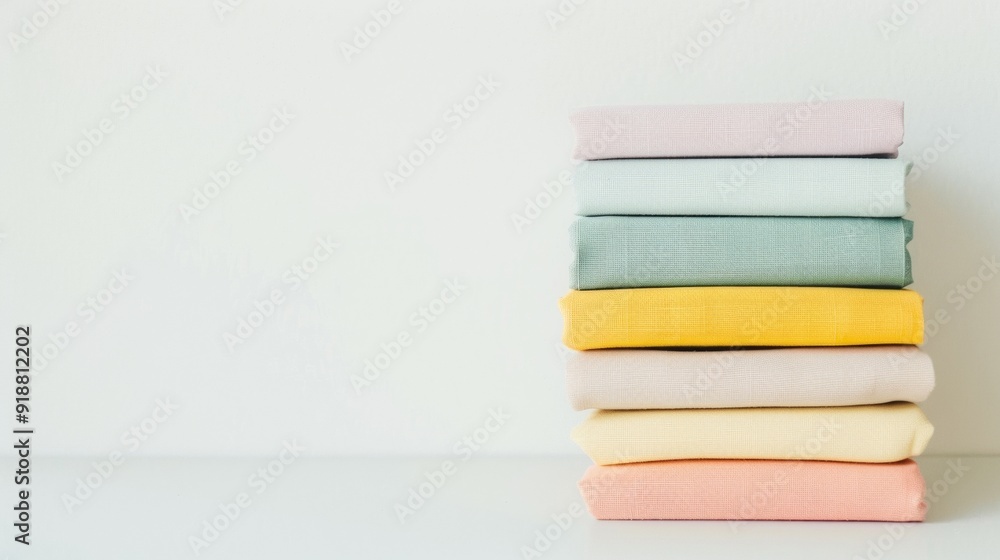 Poster minimalist stack of pastel-colored books against plain white background with ample copy space highli