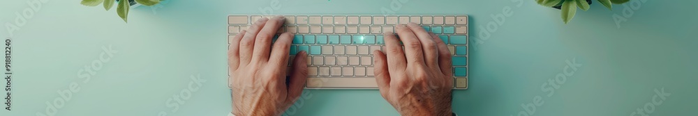 Aufkleber middle-aged mans hands typing on keyboard with lock icon on screen, workplace cybersecurity emphasiz