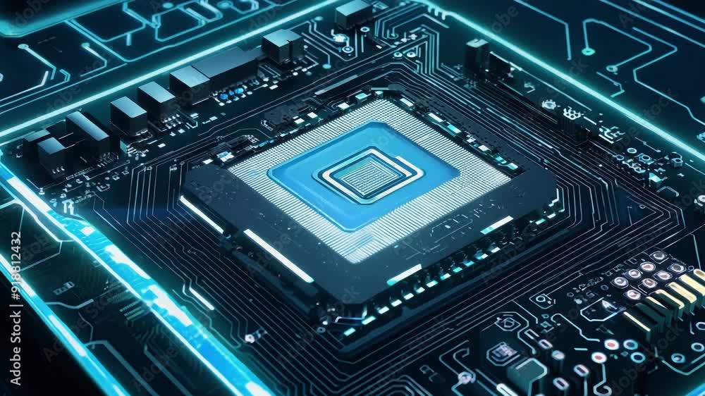 Poster a close-up glimpse of a microchip surrounded by illuminated circuitry, showcasing modern technology 