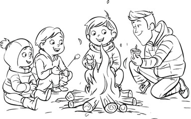 Campfire, family enjoying warmth. White background 