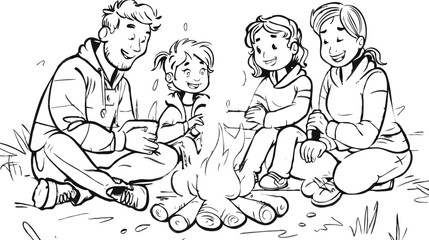 Campfire, family enjoying warmth. White background 