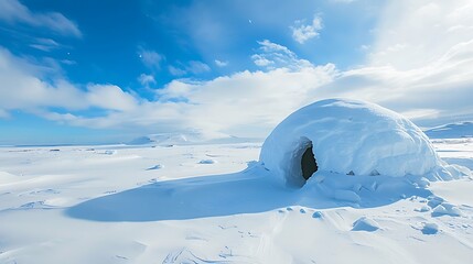 Igloo in an arctic winter landscape field covered with snow cloudy blue sky
