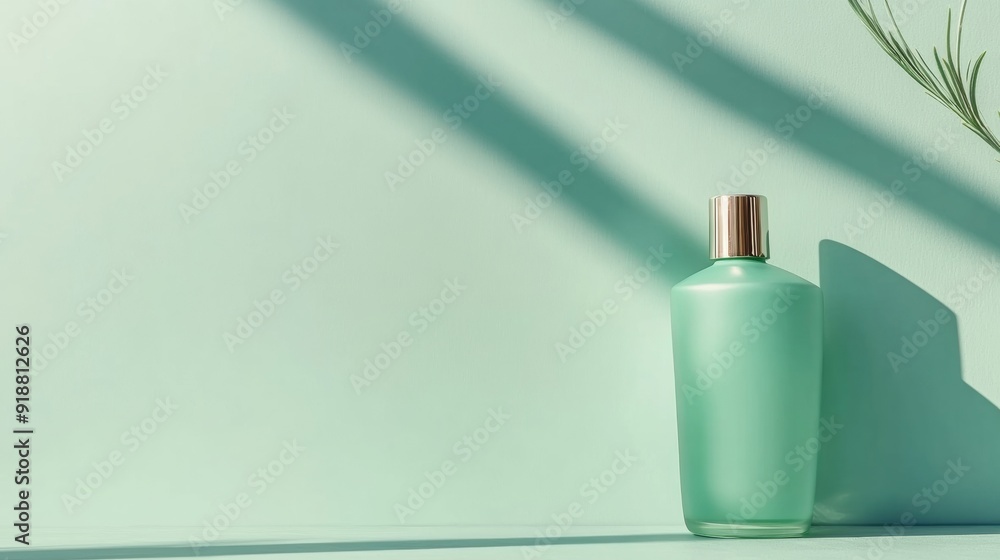 Aufkleber minimalist pastel green perfume bottle on smooth surface in calm and refreshing setting for branding