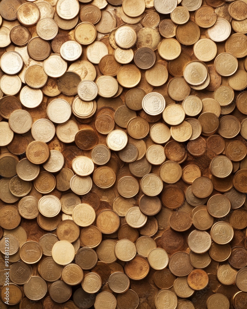 Poster Aerial View of Golden Coins in Symmetrical Geometric Pattern with Soft Diffused Lighting and Warm Tones