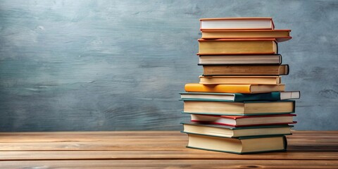 A stack of various books arranged neatly on a table, education, reading, literature, school, knowledge, learning, study, library