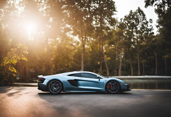 Fototapeta premium A sleek blue sports car with a low profile, featuring sharp lines and a modern design. The car is parked showcasing its aerodynamic features and stylish wheels.