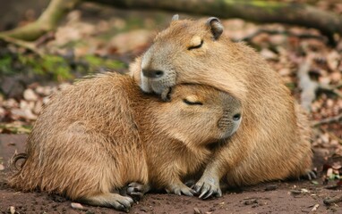 Two capybaras cuddle closely, showcasing their bond.