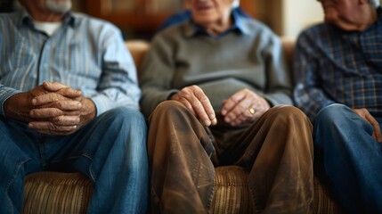 Fototapeta premium Men sofa and support with friends in communication hand gesture and grief with pain or loneliness Elderly men diversity and conversation on mental health or emotional counselling on sa : Generative AI