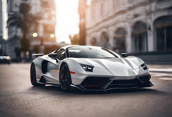 A sleek white sports car with a low profile, featuring sharp lines and a modern design. The car is parked showcasing its aerodynamic features and stylish wheels.