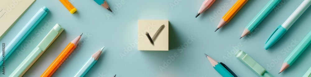 Poster minimal flat lay of stationery with checklist icon on light grey background symbolizing organization