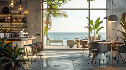 Interior of cozy restaurant with sea view Contemporary design in loft style modern dining place and bar counter : Generative AI