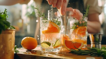 Hobby and drinks concept Female hand making cocktail drinks with citrus ingredient and bar tools at a home kitchen : Generative AI