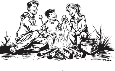 Campfire, family enjoying warmth. White background 