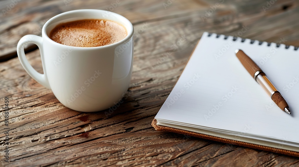 Leinwandbilder cup of coffee with notepad and brown pen on wooden table top view copy space : generative ai