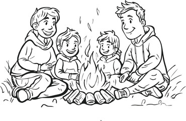 Campfire, family enjoying warmth. White background 