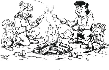 Campfire, family enjoying warmth. White background 