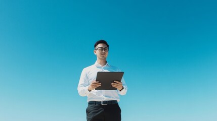 Young Asian Man on Beach Reviewing Financial Data on Tablet, Intense Work Against Serene Sea Backdrop, Daytime, Formal Attire