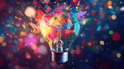 Creative light bulb explodes with colorful paint. brainstorming concept