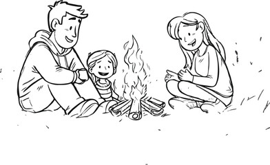 Campfire, family enjoying warmth. White background 