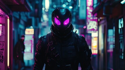 Stealthy Ninja in Futuristic Cyberpunk Alley: A Captivating Poster for Sports Interiors, Featuring a Mysterious Figure with Vivid Purple Eyes Amidst Holographic Advertisements.