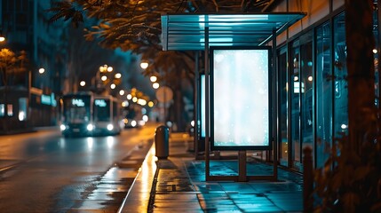 bus shelter at busstop blank white lightbox empty billboard bus shelter ad glass and aluminum structure transit station urban setting city street background stone sidewalk base for moc : Generative AI