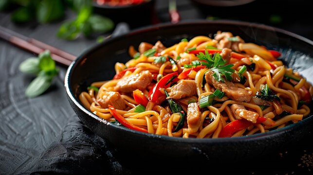Stir fry chow mein noodles with pork and vegetable in black bowl asian style food : Generative AI