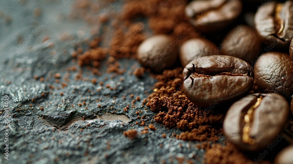 Poster roasted coffee beans and ground coffee on gray background copy space directly above : generative ai