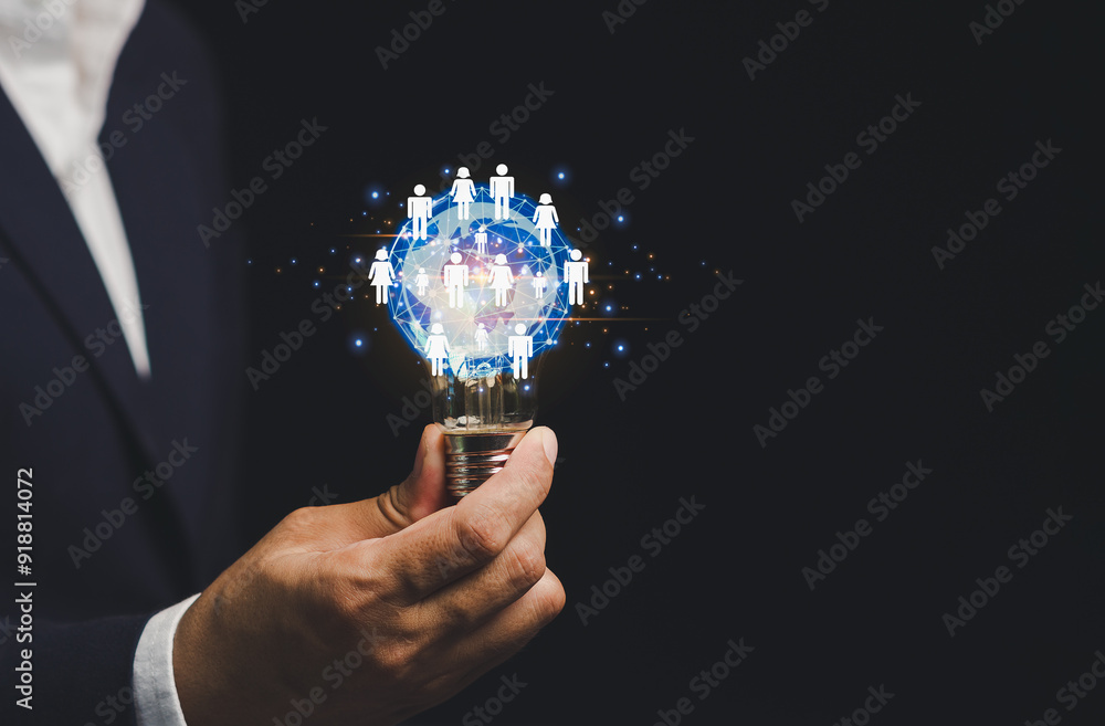 Poster networked communities concept with illuminated light bulb in hand.