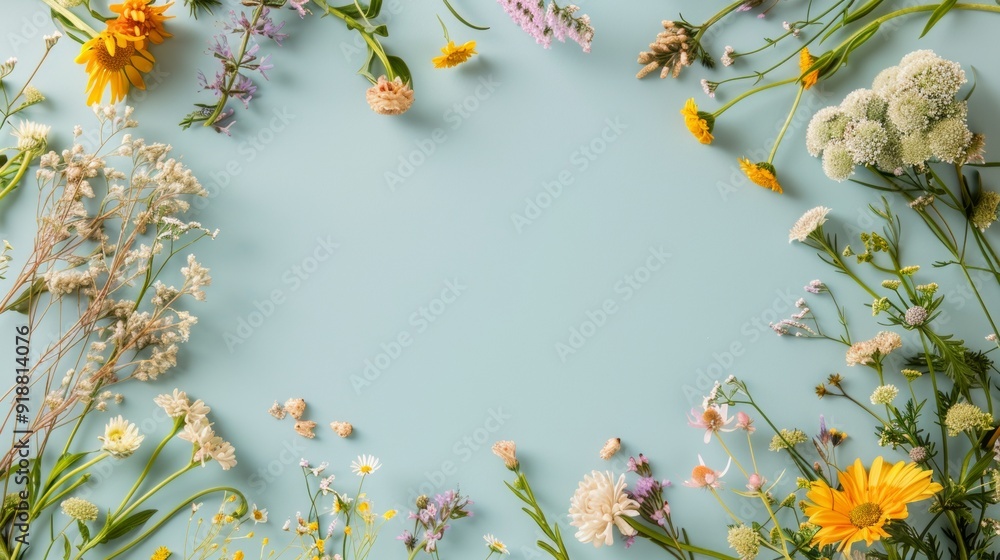 Poster flat lay of spring flowers and butterflies against light blue background with blank space for person